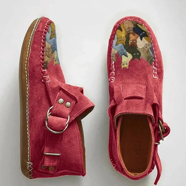 Catelle Women's Cat-Embroidered Slip-On Shoes in Red