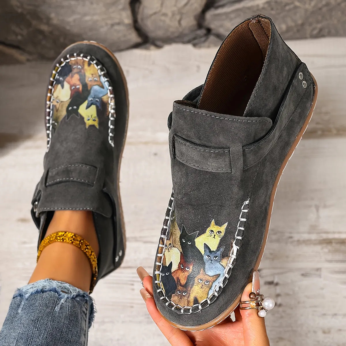 Catelle Women's Cat-Embroidered Slip-On Shoes in Gray