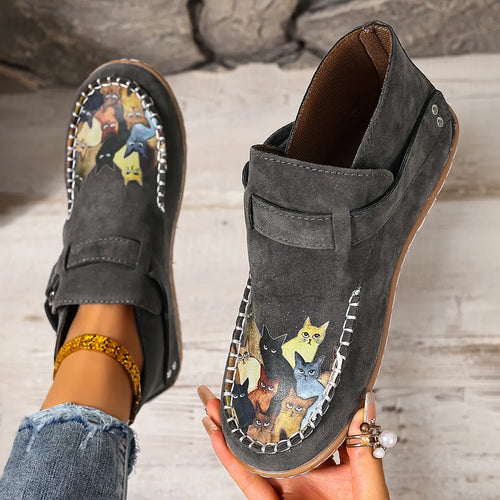 Catelle Women's Cat-Embroidered Slip-On Shoes in Gray
