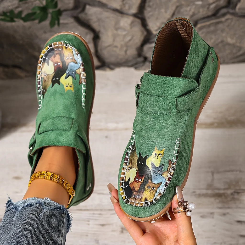 Catelle Women's Cat-Embroidered Slip-On Shoes in Green